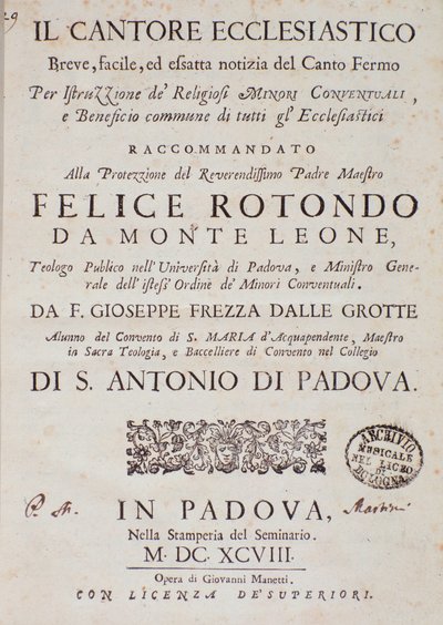 Portada de Il cantore ecclesiastico por Giuseppe Frezza dalle Grotte de Unknown artist