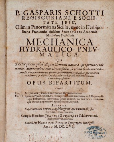 Portada de Mechanica Hydraulico Pneumatica de Gaspar Schott de Unknown artist