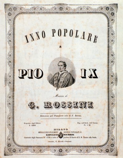 Frontispicio de la partitura musical Himno popular para Pío IX de Gioacchino Rossini de Unknown artist
