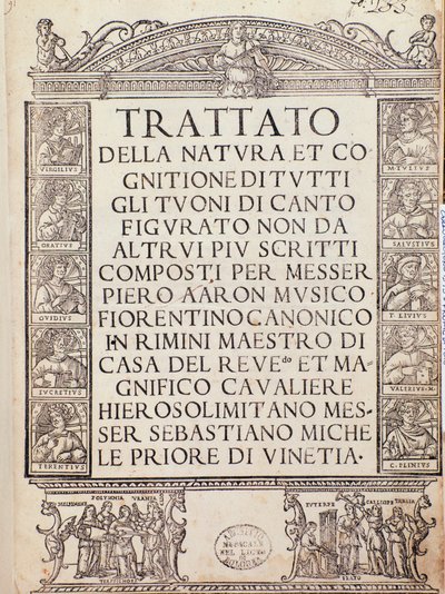 Frontispicio o página de título de Trattato della natura e Cognizione di tutti gli duoni di canto figurato de Pietro Aron de Unknown artist