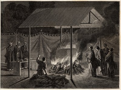 Ceremonias funerarias: incineración ritual. Grabado para ilustrar el viaje a Japón en 1863-1864, por Aime Humbert, ministro de la Confederación Suiza, en “Le tour du monde, nouveau journal des voyages”, publicado bajo la dirección de Edouard Charton de Unknown artist