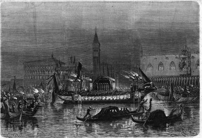 Funeral de Daniele Manin (1804-1857), quien participó en el Risorgimento, en Venecia: la góndola mortuoria que lleva las cenizas hacia la iglesia de San Zacarías pasa frente al palacio real. Grabado en “The Illustrious Universe” de Unknown artist