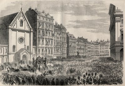 Funeral del Emperador Maximiliano I de México (1832-1867): llegada del cortejo fúnebre frente a la Iglesia de los Capuchinos de Viena. Grabado en “L