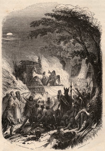 Funeral de un jefe germano en la antigüedad: su cuerpo es quemado con sus armas y su caballo. Grabado de 1868 en “Histoire de Belgique desde los tiempos primitivos hasta el final del reinado de Leopoldo I” de Theodore Juste (1818-1888). Colección privada. de Unknown artist