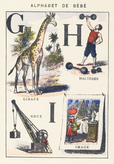 G H I: jirafa, grulla, pesas, imagen de Unknown artist