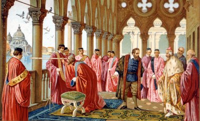 Galileo Galilei (1564 - 1642) presenta su lente en el Palacio Ducal de Venecia. cromolitografía del siglo XIX. de Unknown artist