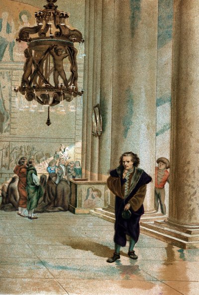 Galileo Galilei (1564 - 1642) observando la oscilación de la lámpara de la Catedral de Pisa. de “La Ciencia y sus Hombres” por Louis Figuier. Barcelona 1881 de Unknown artist