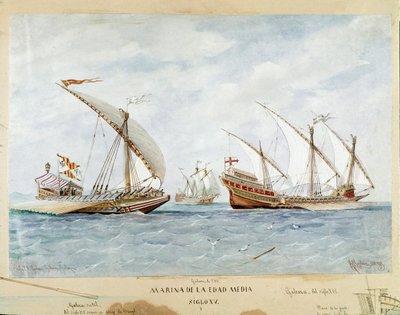 Galera y galeón del siglo XV (Acuarela) de Unknown artist