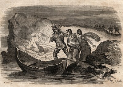 Guerras Gálicas, 58-51 a.C. Victoria romana sobre las tribus germánicas bajo Ariovisto - Ariovisto obligado a cruzar de nuevo el Rin - grabado en Dictionnaire populaire illustrious - 1864 - por Joseph Decembre y Edmond Allonier de Unknown artist