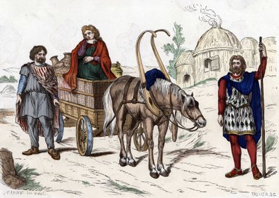 Vivienda gala, mujer, campesino, carro, agricultor rico, arnés - en “Les Costumes civil et militaires des Français dans travers les siècles Paris F. Roy 1882”. de Unknown artist