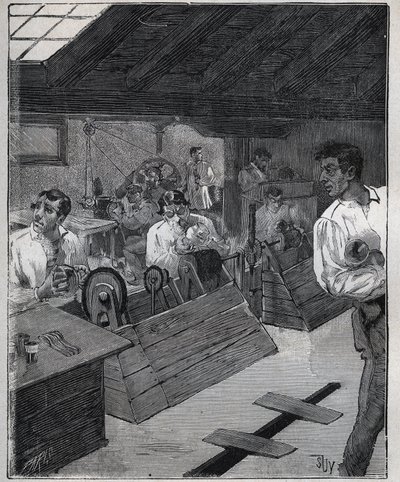 Dorado galvánico: raspado de joyas de oro con un raspador. Grabado de 1885 en “Les arts et métiers illustrés” de Adolphe Bitard. de Unknown artist