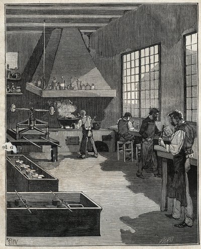 Orfebrería galvánica: preparación de moldes. Grabado de 1885 en “Les arts et métiers illustrés” de Adolphe Bitard. de Unknown artist