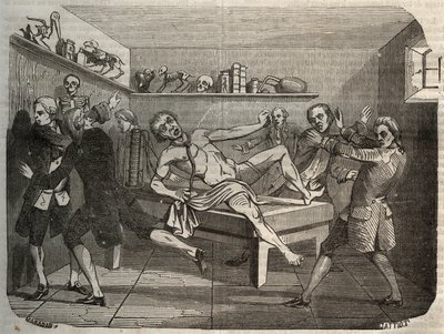 Galvanización del cadáver de un verdugo con la pila de Alessandro (Alexandre) Volta: bajo la influencia de la electricidad, el cadáver parece volver a la vida. Grabado de 1856 en 