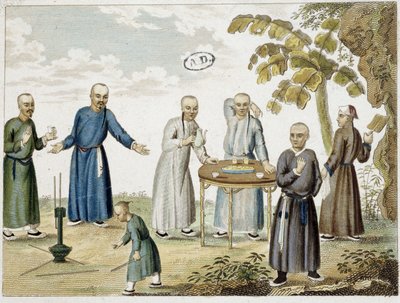 Juegos y hombres bebiendo té en China - s.d, grab. de Unknown artist
