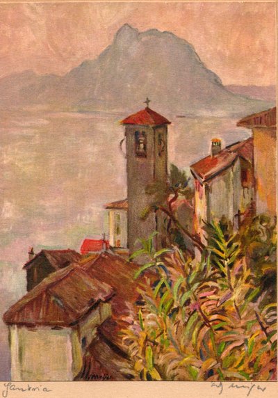 Gandria, Suiza, con el Monte San Salvatore y el Lago Lugano, tarjeta postal de Fritz Meijer, c.1940 (litografía en color) de Unknown artist