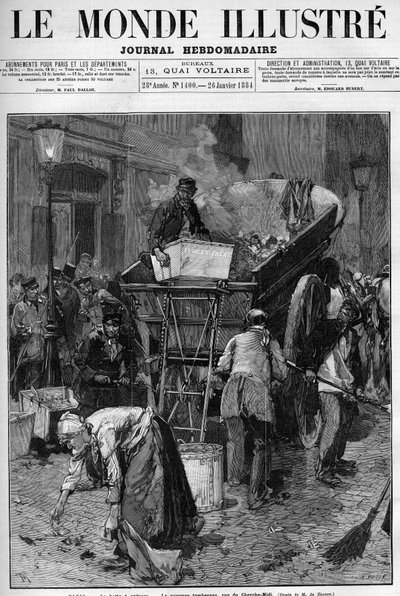 Caja de basura, el nuevo camión en la rue du Cherche Midi en París. Hombres y mujeres recogiendo desechos en una calle de París para ponerlos en un carro, limpiando así la vida. Grabado en “Le Monde Illustré”. de Unknown artist