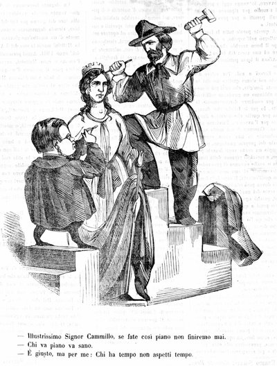 Garibaldi: Sr. Camillo (Cavour), si va tan despacio nunca terminaremos Cavour: Quien va despacio va lejos Garibaldi: Así es, pero quien tiene tiempo, no espera el tiempo. Grabado satírico de Il Fischietto de Unknown artist