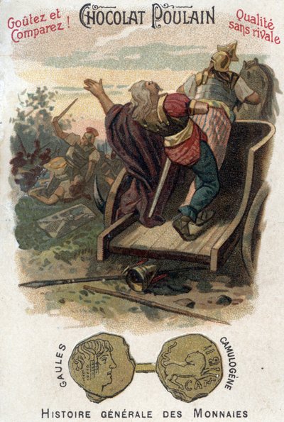 Galos Aulerque: Batalla de Lutecia entre Camulógeno y Labieno en 53 a.C. En Historia General de las Monedas. Cromolitografía de chocolate de finales del siglo XIX. Colección privada. de Unknown artist