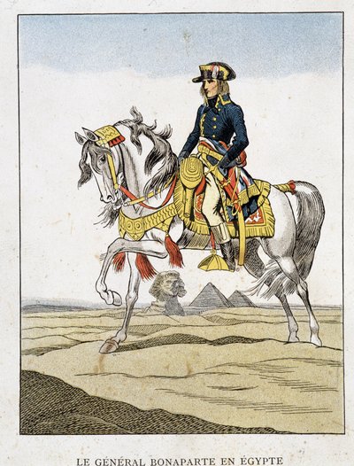 General Bonaparte en Egipto, un retrato montado frente a las pirámides y la esfinge. de Unknown artist