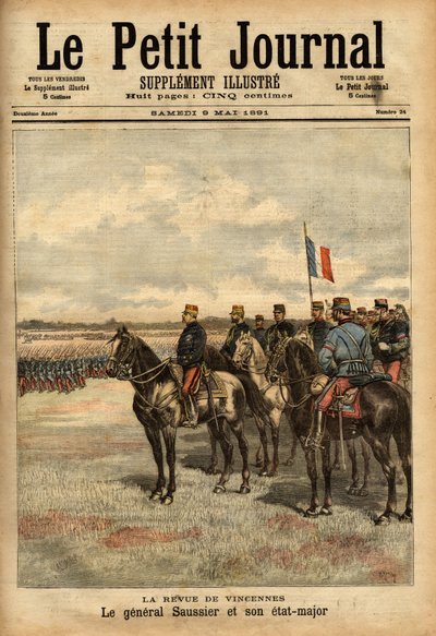 El General Felix Gustave (Felix-Gustave) Saussier (1828-1905) y su estado mayor revisaron las tropas en Vincennes. Grabado en “Le petit journal illustrado” 09/05/1891. Colección Selva de Unknown artist