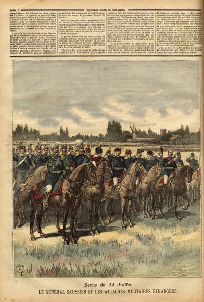 General Félix Gustave (Félix-Gustave) Saussier (1828-1905), gobernador militar de París desde 1884, rodeado de lazos militares extranjeros, revisó las tropas durante el desfile el 14 de julio de 1891 en la llanura del Bois de Boulogne. Grabado en 