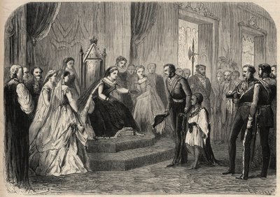 El General Robert Cornelis Napier (1810-1890) presentó a Leul Alemayehou Tewodros (1861-1879), el hijo del negus etíope Teodoro II (Tewodros), a la Reina Victoria I (1819-1901). Grabado en “L