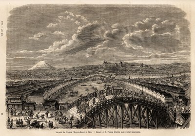 Vista general de Yedo (o Edo, actual Tokio) desde el Nippon Bassi (el puente de Nippon), animada por transeúntes y porteadores en el puente, entre los callejones comerciales, vista de las tiendas y al fondo, vista del Monte Fuji. Grabado de Unknown artist
