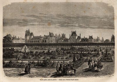 Vista general del palacio y jardines de Fontainebleau, tomada desde el suelo. Grabado para ilustrar una descripción del castillo y bosque de Fontainebleau, en 1867, por M.Pays, en “Le tour du monde, nouveau journal des voyages” publicado bajo la dirección  de Unknown artist