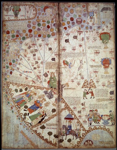 Mapa geográfico: China, Valle del Ganges, Sumatra, Ceilán. Atlas Catalán (mapa catalán) (España). Manuscrito de 1375 (Folio 2v - folio 3) por Abraham Cresques. BN, París de Unknown artist
