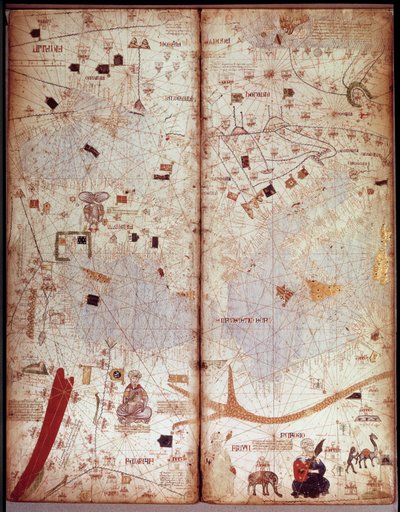 Mapa geográfico del Mediterráneo. Atlas catalán (mapa catalán) (España). Manuscrito de 1375 (Folio 4) de Unknown artist