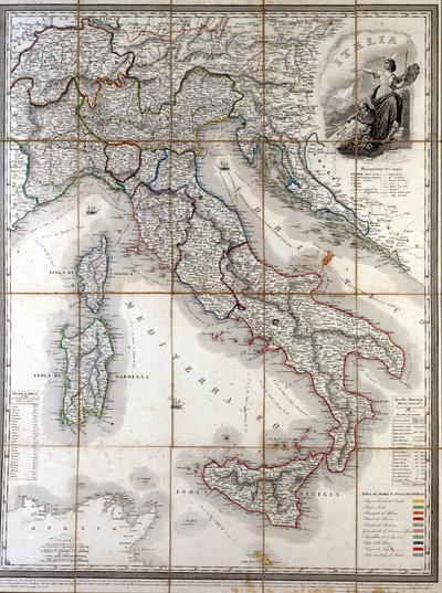 Mapa geográfico de Italia en 1850 con la delimitación de las fronteras de los diferentes estados que componían el país antes del Risorgimento de Unknown artist