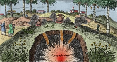 Geología: corteza terrestre explicando la salida del fuego de la tierra. Grabado de "Mundi Mirabilis Oeconomia" de Johann Zahn (1631-1707) de Unknown artist