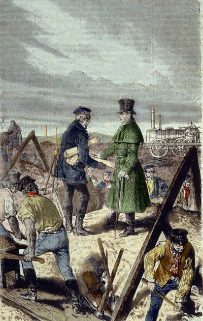 Georges Stephenson (1781-1848), ingeniero inglés, constructor de la carretera Liverpool Manchester con su primera locomotora de Unknown artist