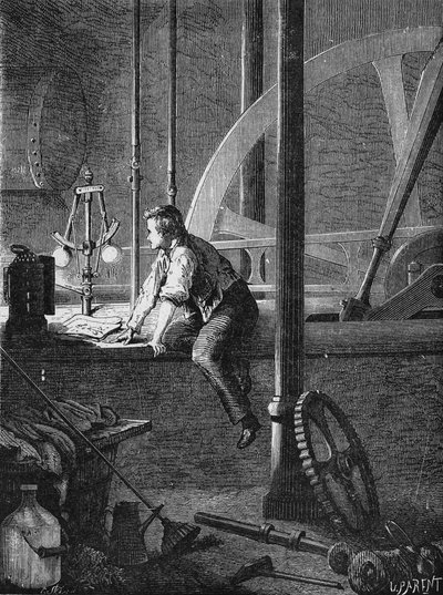 Georges Stephenson, un trabajador conductor en Newcastle, desmonta y repara su máquina de vapor. En 