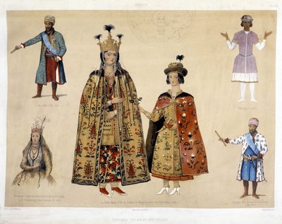 Tablero de trajes georgianos en los siglos XVI y XVII: Rey Irakli (1744 - 1798), Gheorghi X (1687), Princesa Chartchevadze (Embajadora de Georgia en San Petersburgo bajo Catalina II 1780), Reina María (hija de Dadian de Mingrelie con su hijo Otthia 1) de Unknown artist