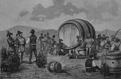 Guerra de los campesinos alemanes (1524-1526): Campamento de campesinos en los enebros con un gran barril de vino de Unknown artist