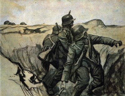 Soldados alemanes lanzan granadas desde las trincheras a las tropas enemigas. 26/5/1917. de Unknown Artist