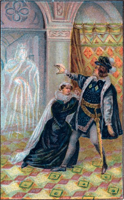 Gertrude, Hamlet y el fantasma del padre de Hamlet. En "Hamlet", de William Shakespeare. Cromolitografía de finales del siglo XIX. de Unknown artist