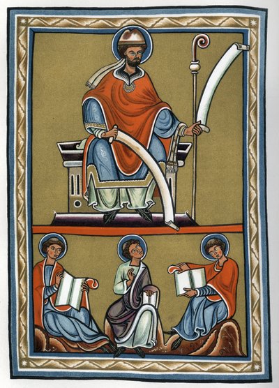 Gilbert de la Porree (Porretanus, teólogo escolástico) y sus discípulos, Jourdain Fantosme, Yves de Chartres y Jean Beleth. Facsímil del siglo XIX de una miniatura del siglo XII en "Comentario sobre el De Trinitate de Boece" (Boezio). Colección privada de Unknown artist