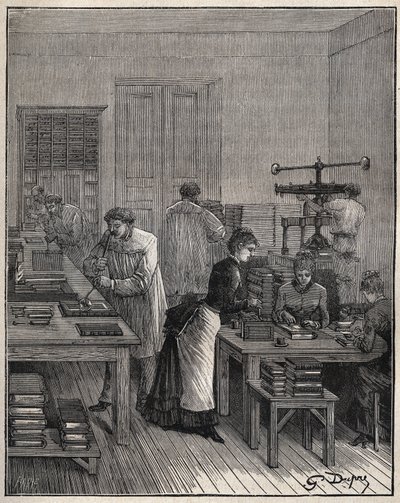 Dorado de libros (cubiertas) en hierro en un taller en Francia en el siglo XIX. Grabado de 1885 en "Les arts et metiers illustres" por Adolphe BITARD de Unknown artist
