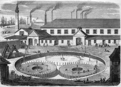 Fábrica de cables eléctricos de vidrio Eiliot en Greenwich. Enrollando el cable en las cuencas antes del transporte en el barco “el leviatán”. Grabado de 1865 de Unknown artist