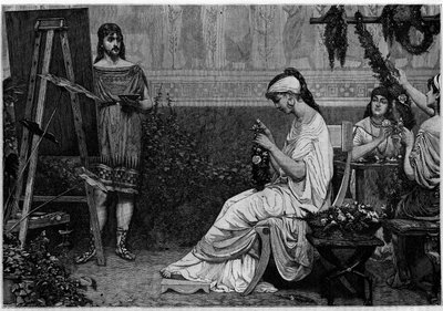 Glycere posando frente al pintor griego Pausias (siglo IV a.C.) para la pintura “Stephanopoclos”. Grabado en “Le journal de la jeunesse” de Unknown artist