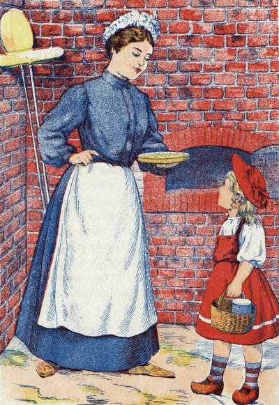 Ve a llevar ese pastel y esa olla de mantequilla a tu abuela. Ilustración anónima para "Caperucita Roja", cuento de Charles Perrault (1628-1703), escritor francés. Imágenes Marcel Vagne, Jarville Nancy, sin fecha (finales del siglo XIX) de Unknown artist