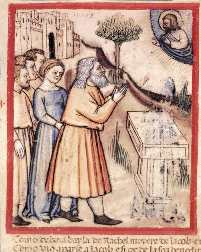 Dios aparece a Jacob habiendo edificado un altar. Miniatura del códice 212 (o códice padovano o Biblia de Padua) 1390-1400. Rovigo, Accademia dei Concordi de Unknown artist