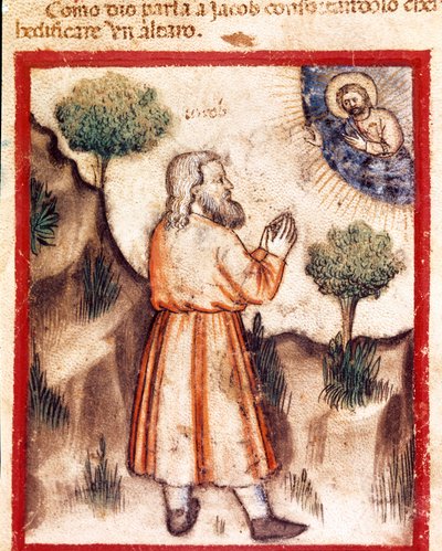 Dios pide a Jacob que vaya a Betel y construya un altar. Miniatura del códice 212 (o códice padovano o Biblia de Padua) 1390-1400 Rovigo, Accademia dei Concordi de Unknown artist