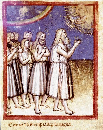 Dios bendice a Noé y su familia, sobrevivientes del Diluvio (miniatura del códice 212 o Biblia de Padua) de Unknown artist