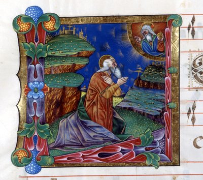 Dios ordena a Moisés enviar al pueblo de Israel desde Egipto. Miniatura de un coro del siglo XV ("civitatis" de San Agustín). Biblioteca de Lodi de Unknown artist
