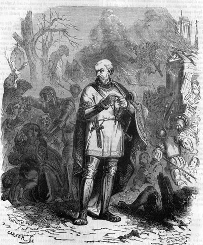 ¡Dios nos salve de las penas de Monsieur el condestable! , El condestable de Montmorency alrededor de 1548 en campaña militar. Grabado del siglo XIX de Unknown artist