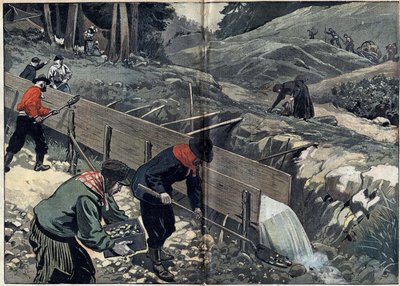 Fiebre del oro en Alaska: Buscadores de oro lavan el lodo de oro. Una mujer recoge pepitas mientras nuevos buscadores de oro llegan al campamento. Ilustración en “Le Pelerin” del 20 de febrero de Unknown artist