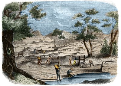 Fiebre del oro en Australia: vista de buscadores en los campos de oro de la ciudad de Bendigo. Grabado de 1856 en "Le Musée Des Sciences" de Unknown artist